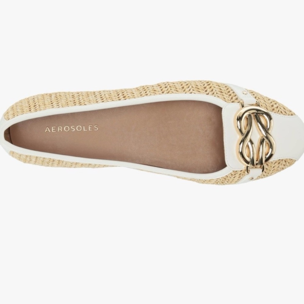 NEW IN BOX Aerosols Big Bet Natural Raffia Ballet Flats with Gold Details size 5 - Picture 3 of 7